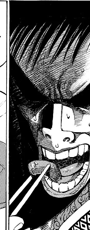 Manga panel: a man talking with his mouth full.