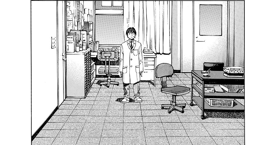 Manga panel: a doctor standing in a small night-duty room with a desk.