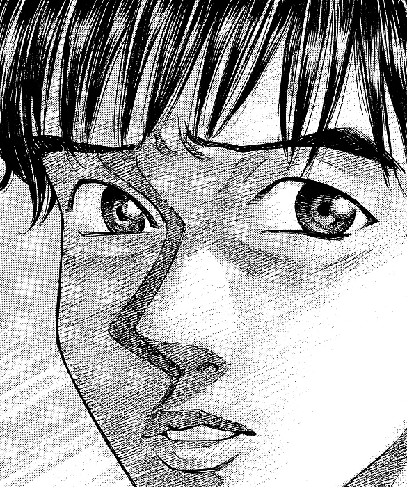 Manga panel: a young doctor glaring, extreme close-up.