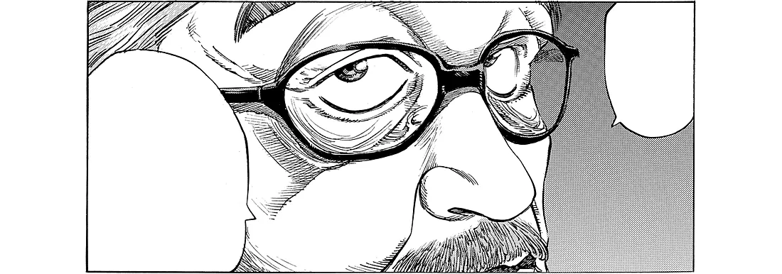 Manga panel: an older doctor in glasses, extremely close up.