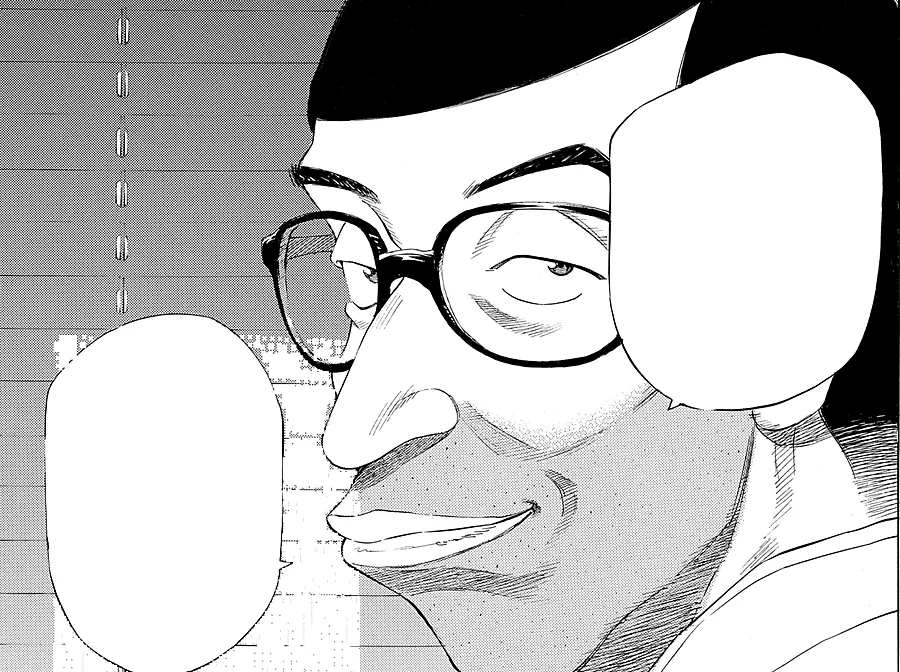 Manga panel: a doctor in thick glasses smirking between two speech balloons.
