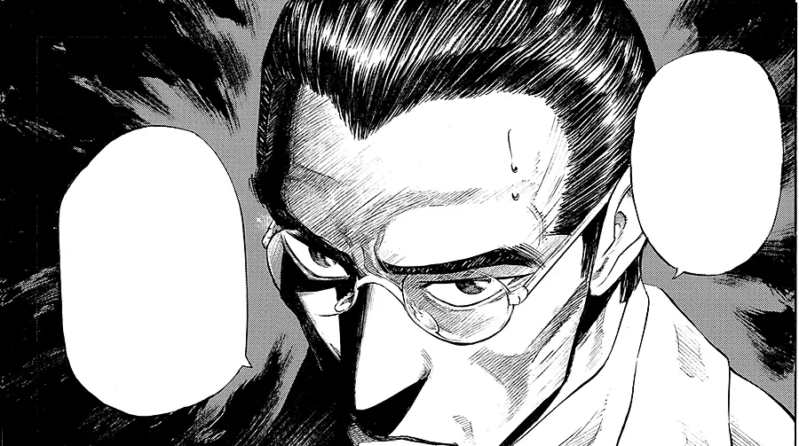 Manga panel: a doctor in glasses glaring out of a black background, between two speech balloons.