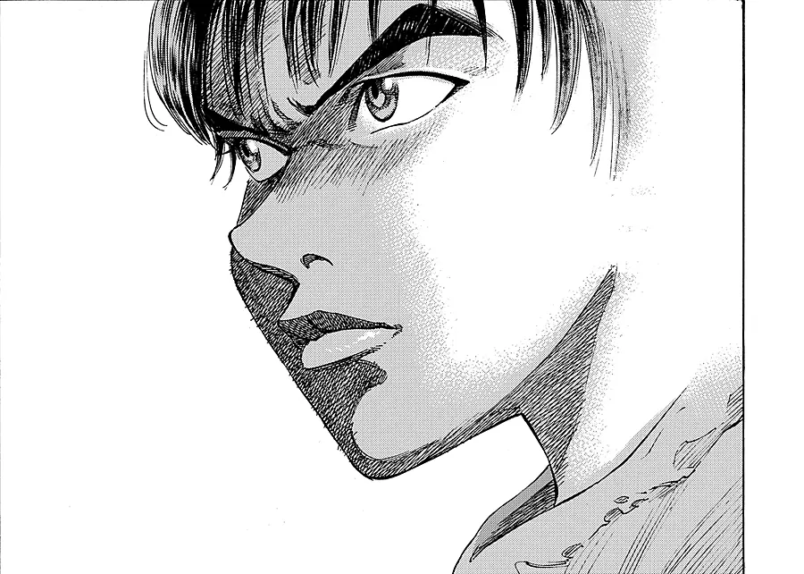 Manga panel: a young doctor in profile, staring someone down.